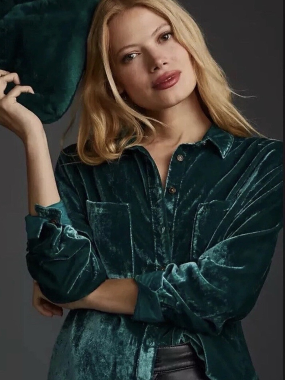 PILCRO Anthropologie Relaxed Velvet Button-Down LS Shirt Emerald Green Women L - Picture 2 of 14